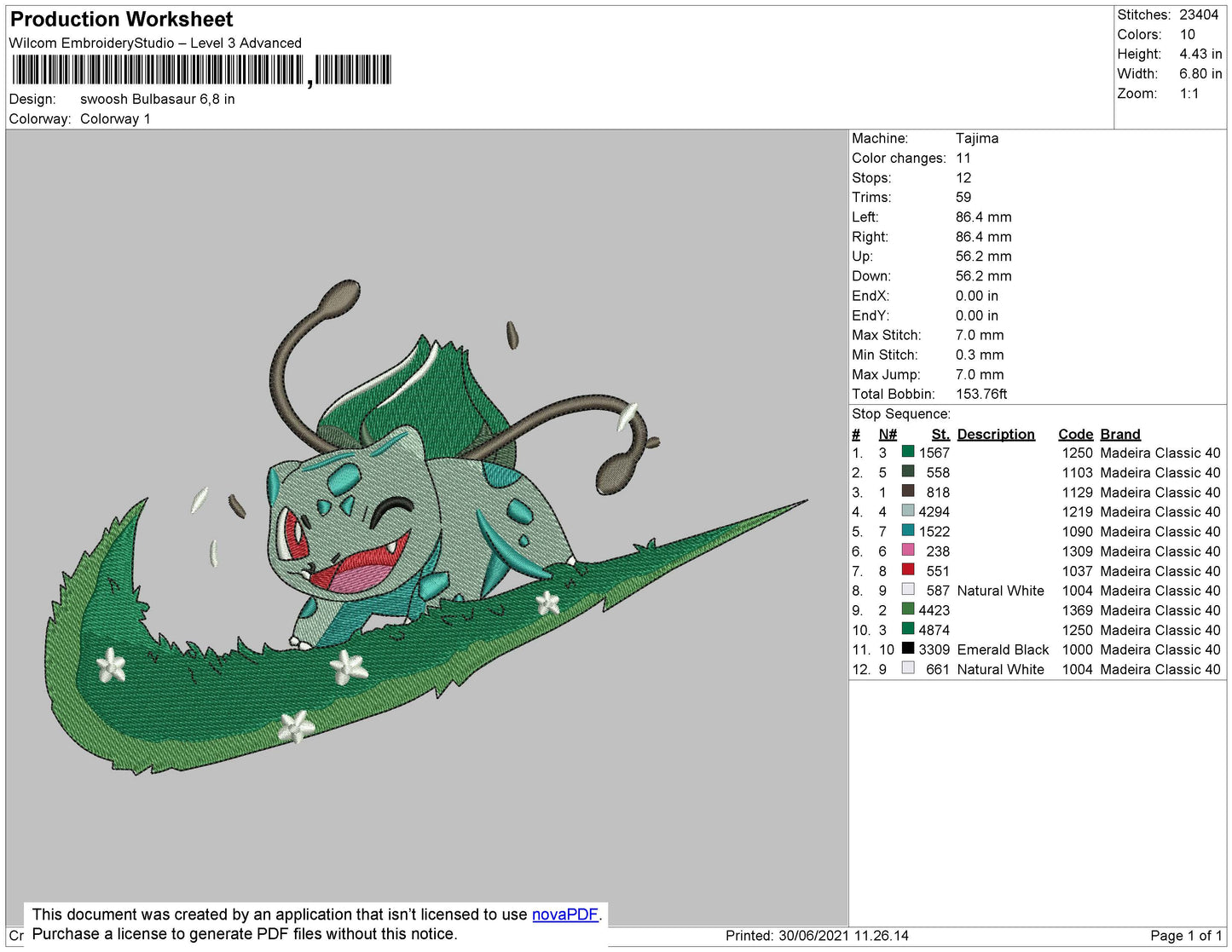 Swoosh Bulbasaur Embroidery File 4 size
