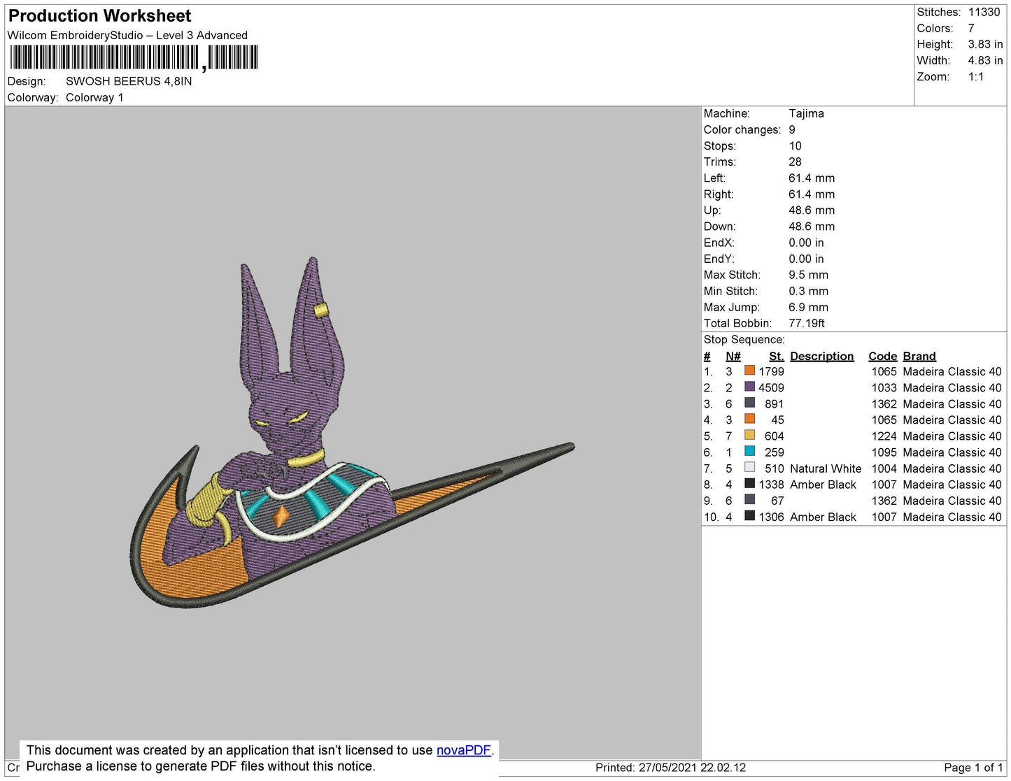Swoosh Beerus Embroidery File 4 size