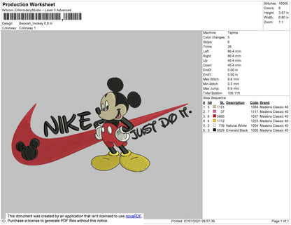 Swoosh Mickey Embroidery File 4 size