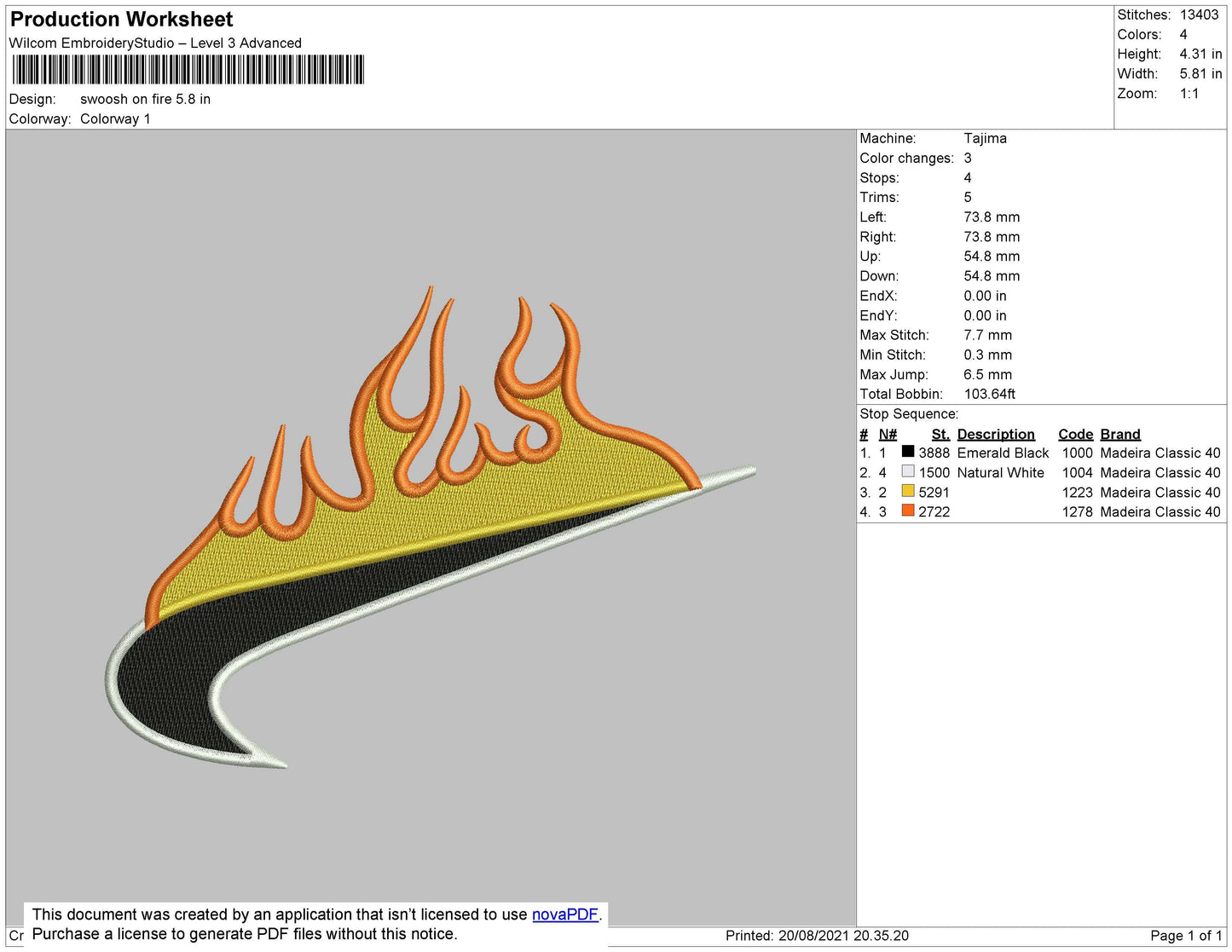 Swoosh On Fire Embroidery File 6 size