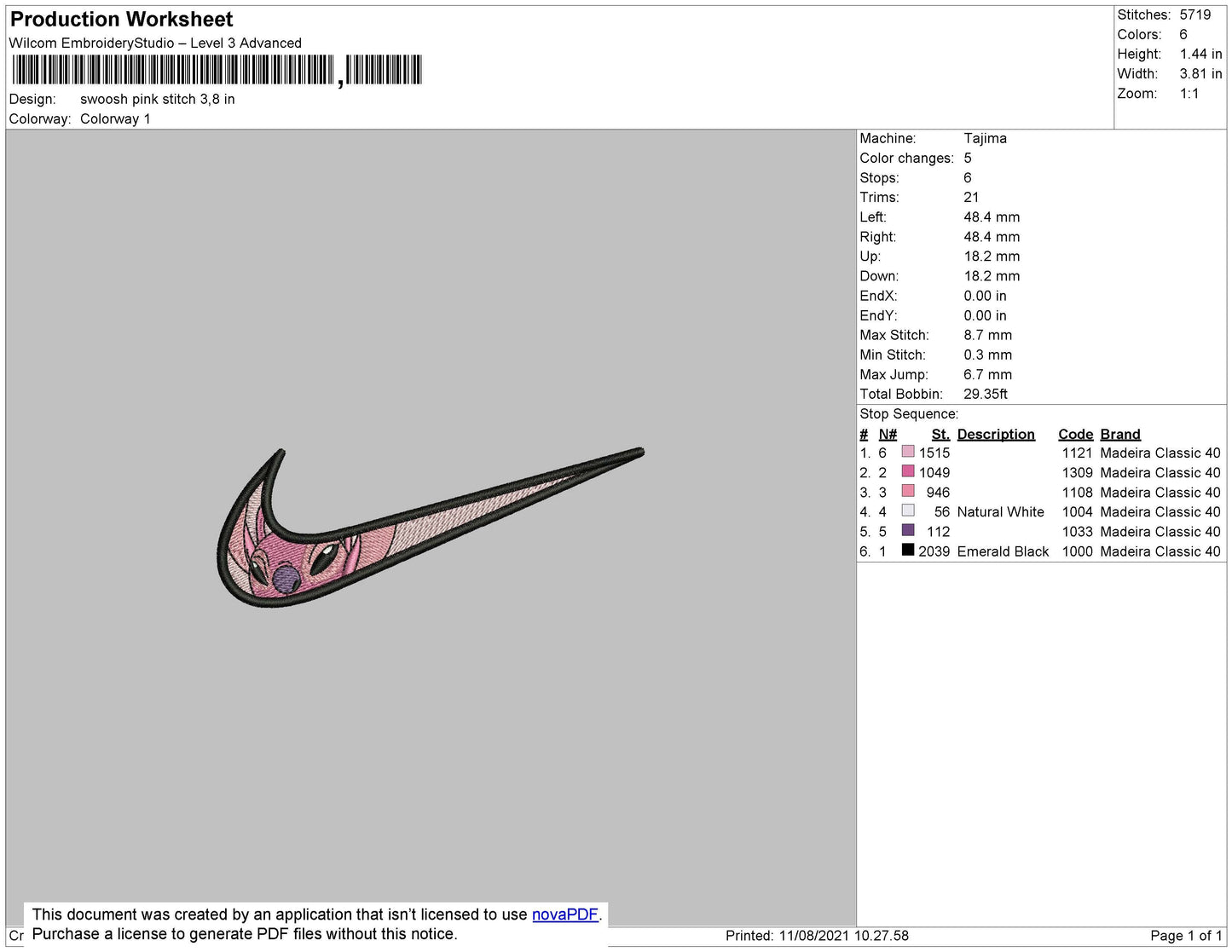 Swoosh Pink Stitch Embroidery File 4 size