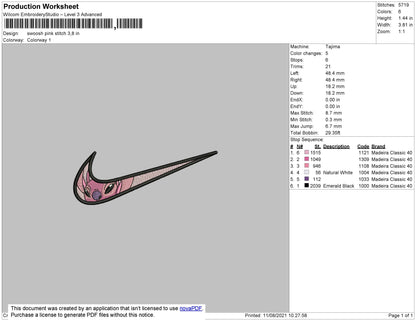 Swoosh Pink Stitch Embroidery File 4 size