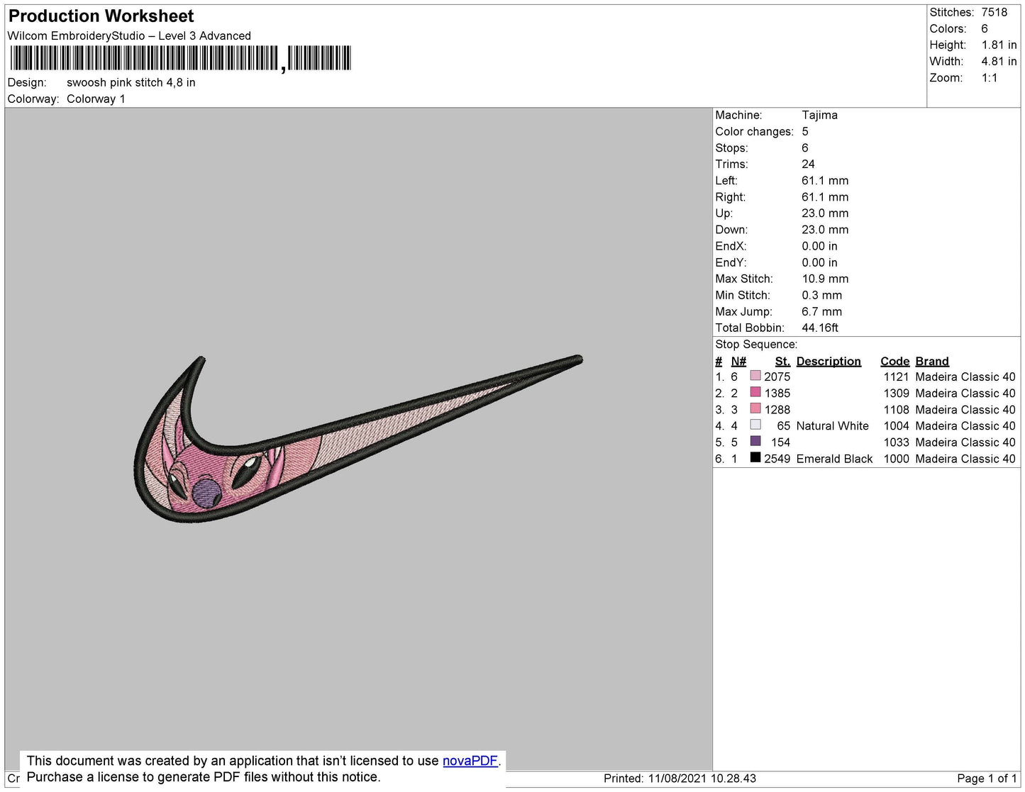 Swoosh Pink Stitch Embroidery File 4 size