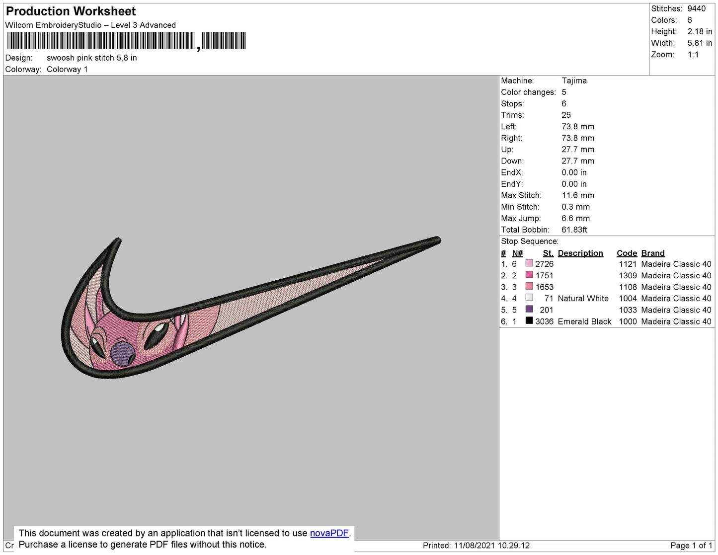 Swoosh Pink Stitch Embroidery File 4 size
