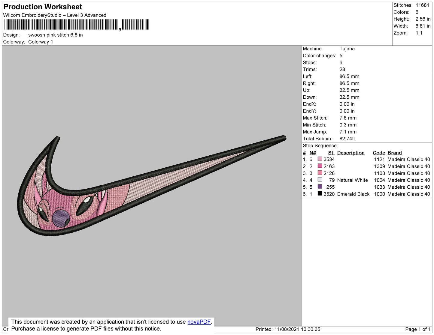 Swoosh Pink Stitch Embroidery File 4 size