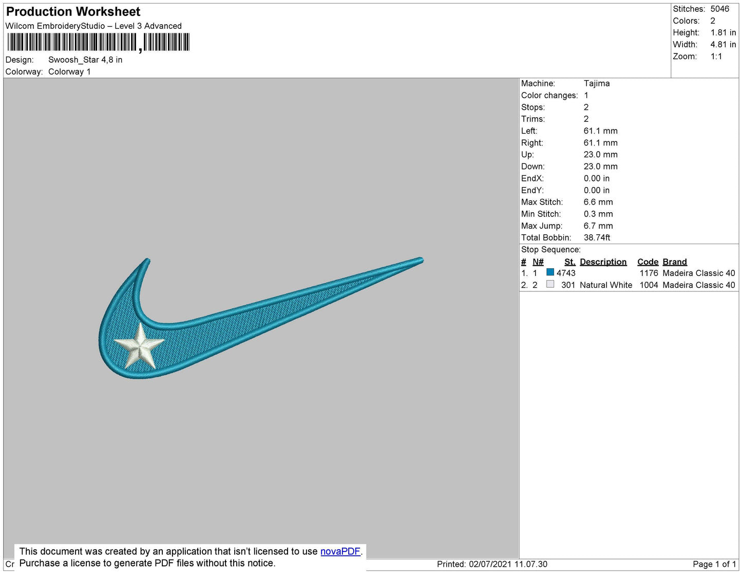 Swoosh Star Embroidery File 4 size