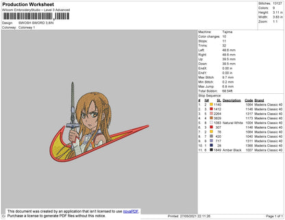 Swoosh Sword Asuna Embroidery File 4 size
