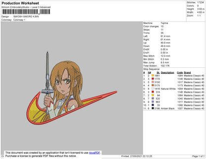Swoosh Sword Asuna Embroidery File 4 size