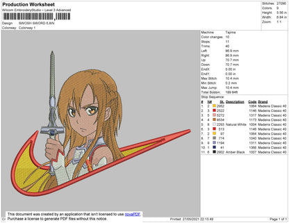 Swoosh Sword Asuna Embroidery File 4 size