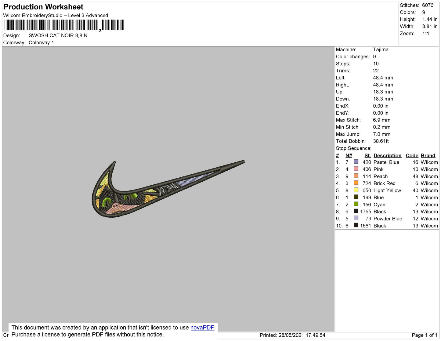 Swoosh Cat Noir Embroidery File 4 size