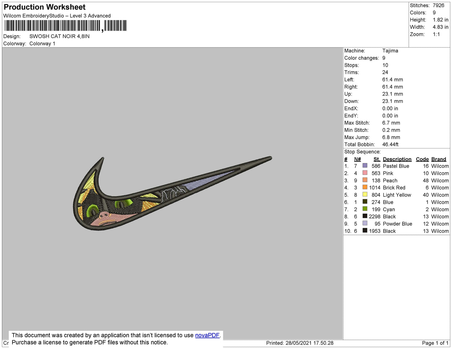 Swoosh Cat Noir Embroidery File 4 size