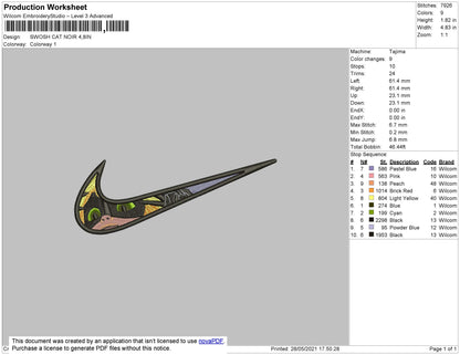 Swoosh Cat Noir Embroidery File 4 size