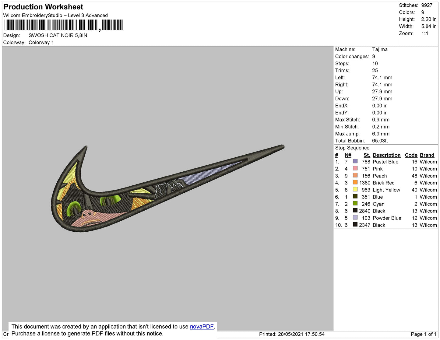 Swoosh Cat Noir Embroidery File 4 size