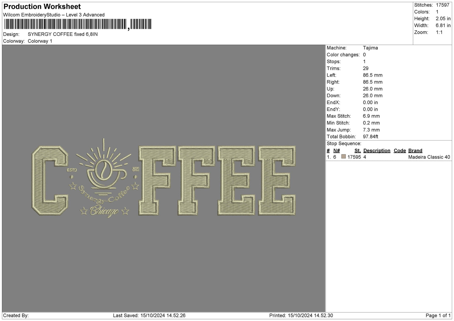 Coffeetext 1510 Embroidery File 6 sizes