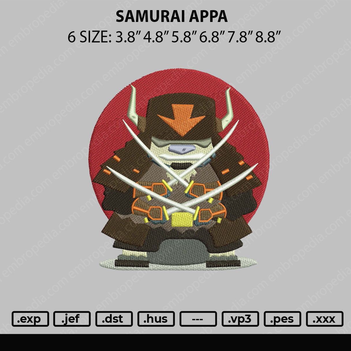 Samurai Appa Embroidery File 6 sizes