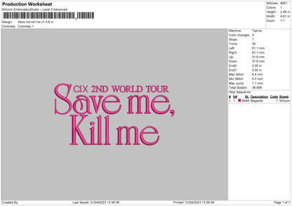 Save Me V1 Embroidery File 6 sizes