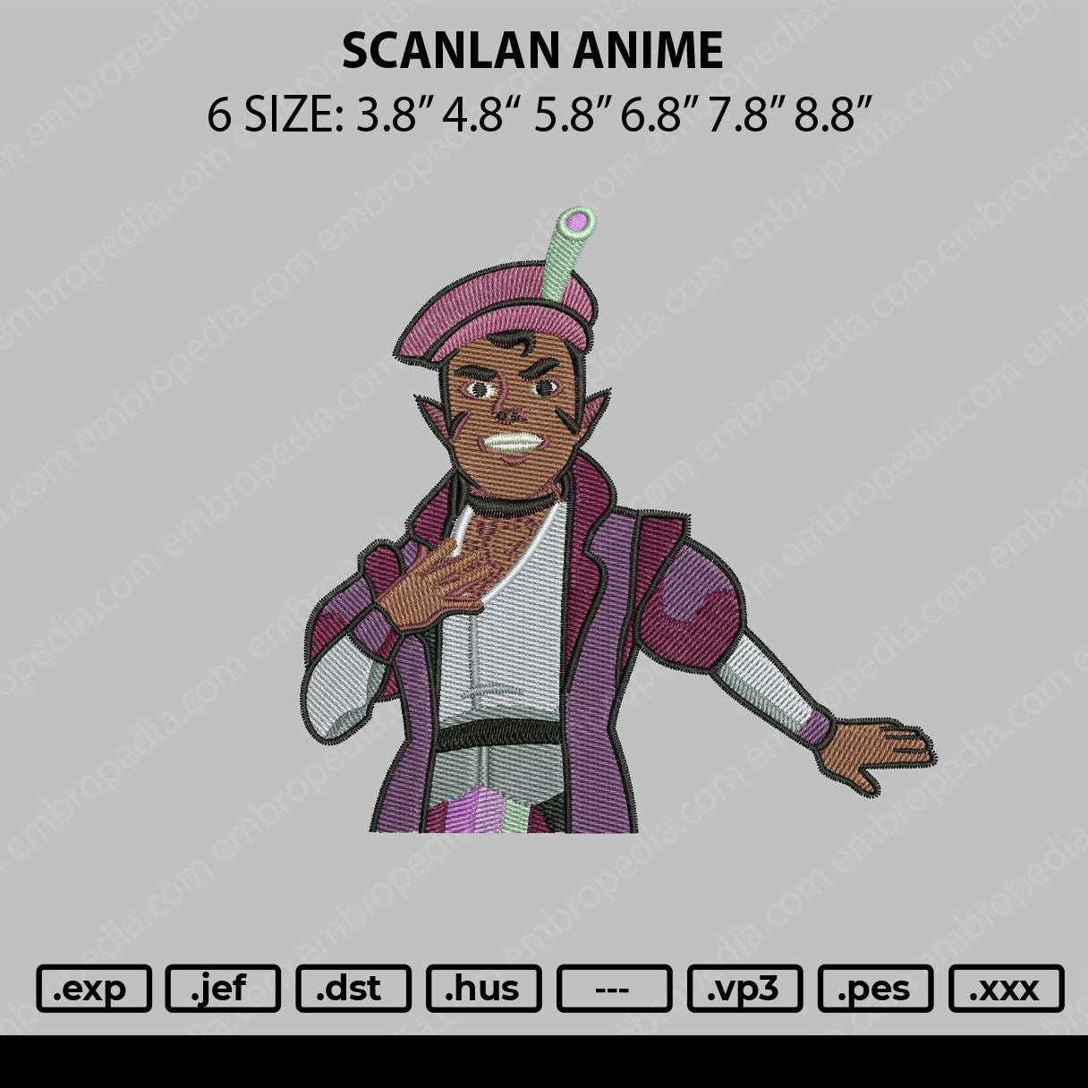 Scanlan Anime Embroidery file 6 sizes