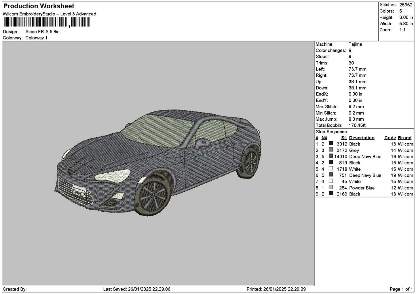 Car 2601a Embroidery File 6 sizes