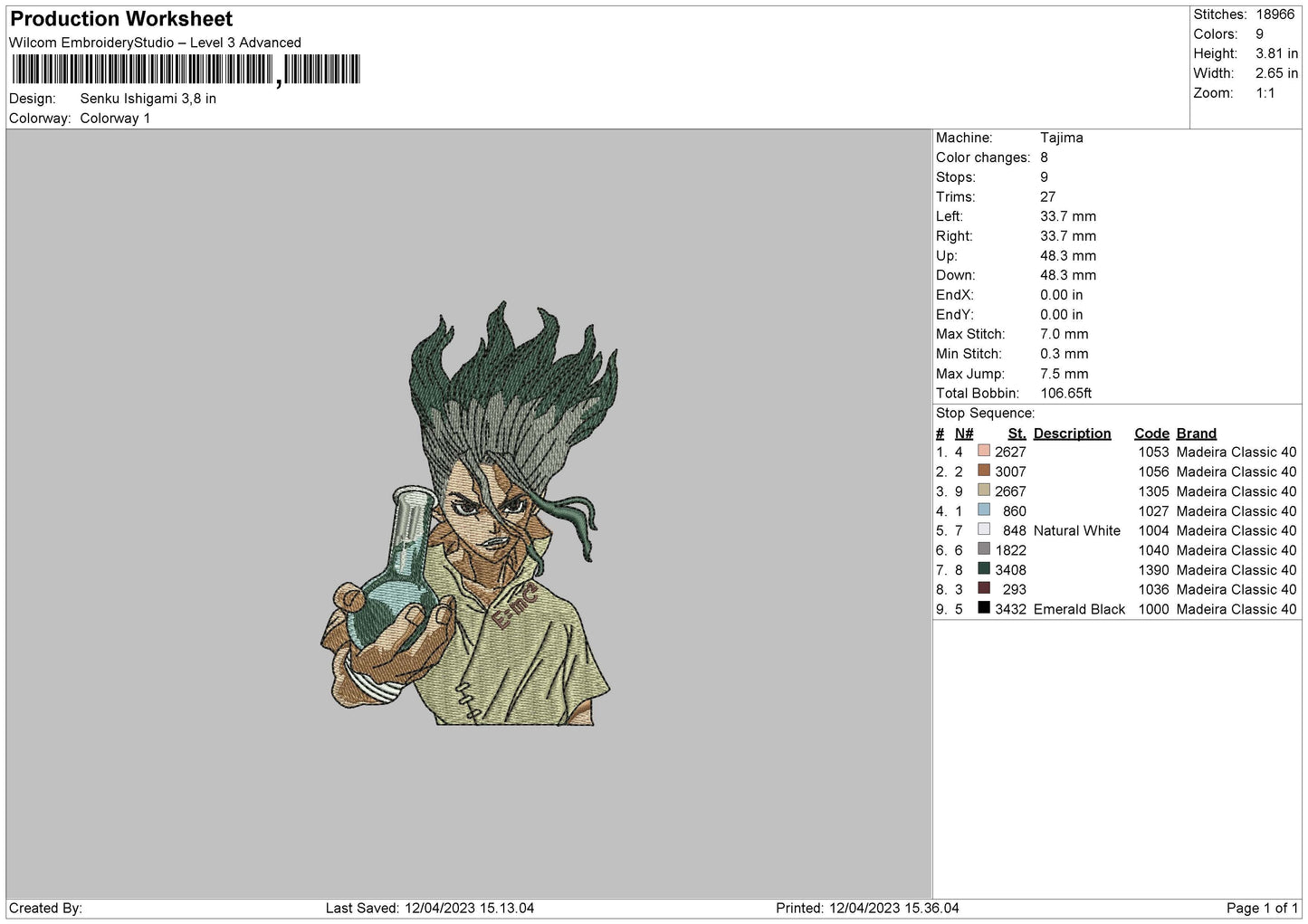 Senku Embroidery File 6 sizes