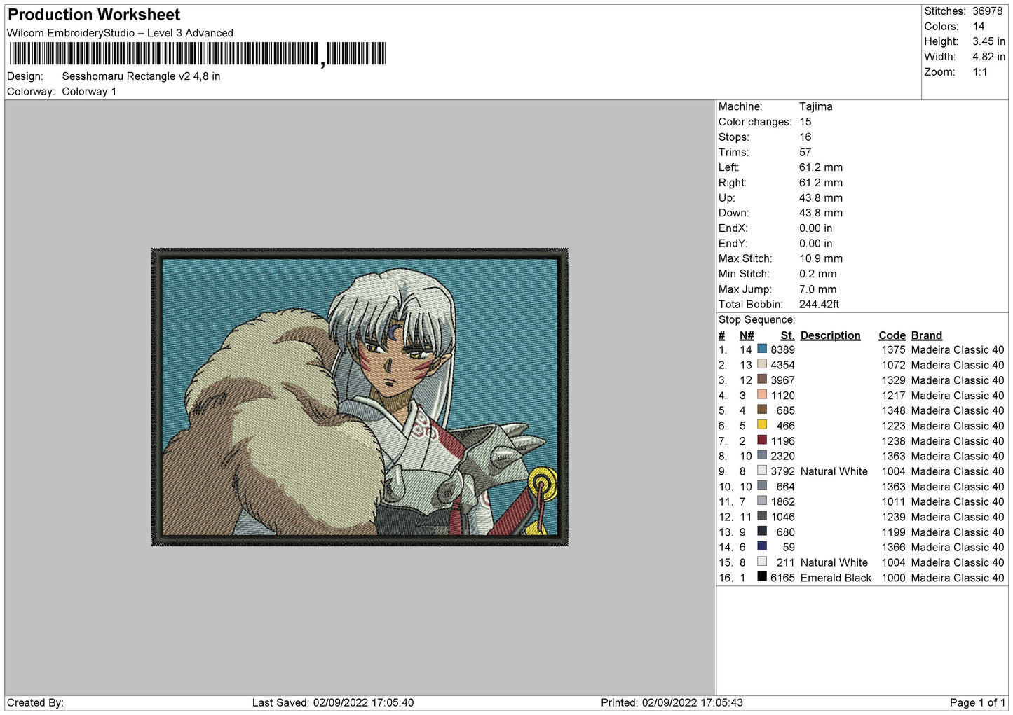 Sesshomaru Rectangle V2 Embroidery File 5 sizes