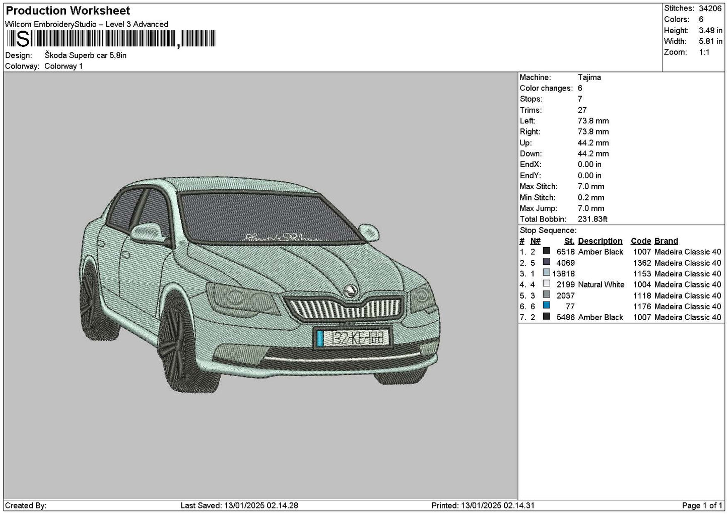 Car 1301 Embroidery File 6 sizes