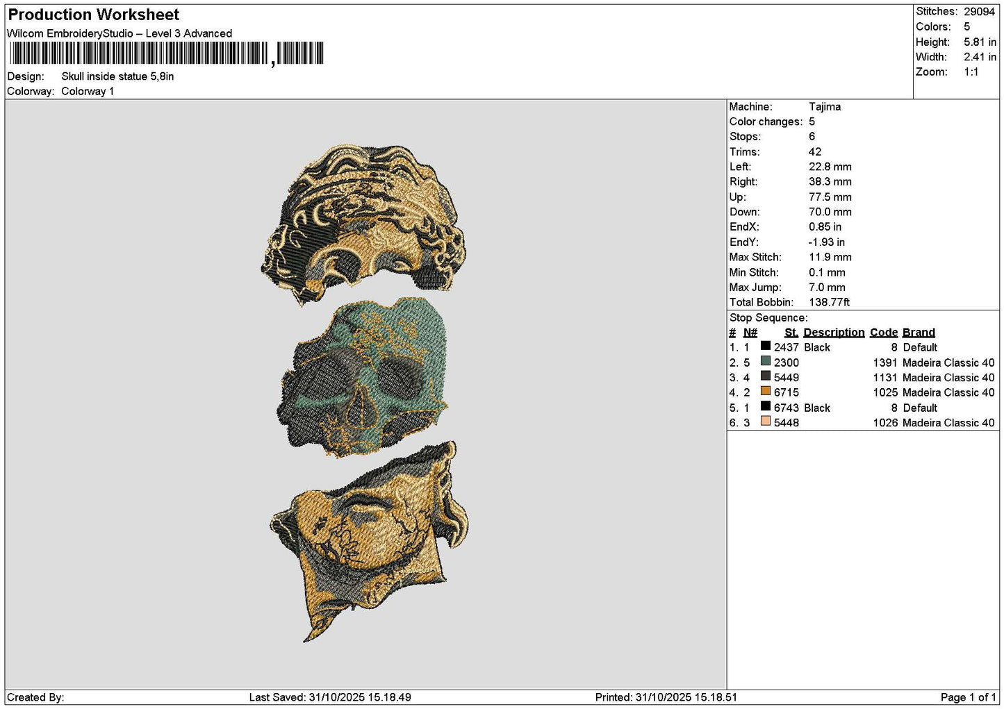 Skulls 3110 Embroidery File 6 sizes