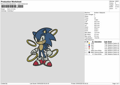Sonic v3  Embroidery File 6 sizes