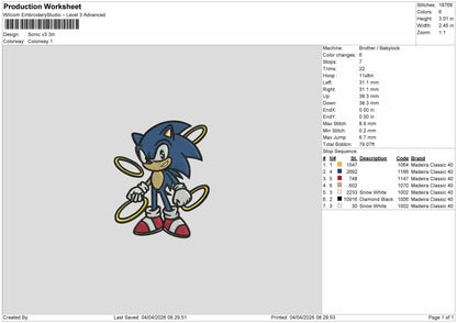 Sonic v3  Embroidery File 6 sizes