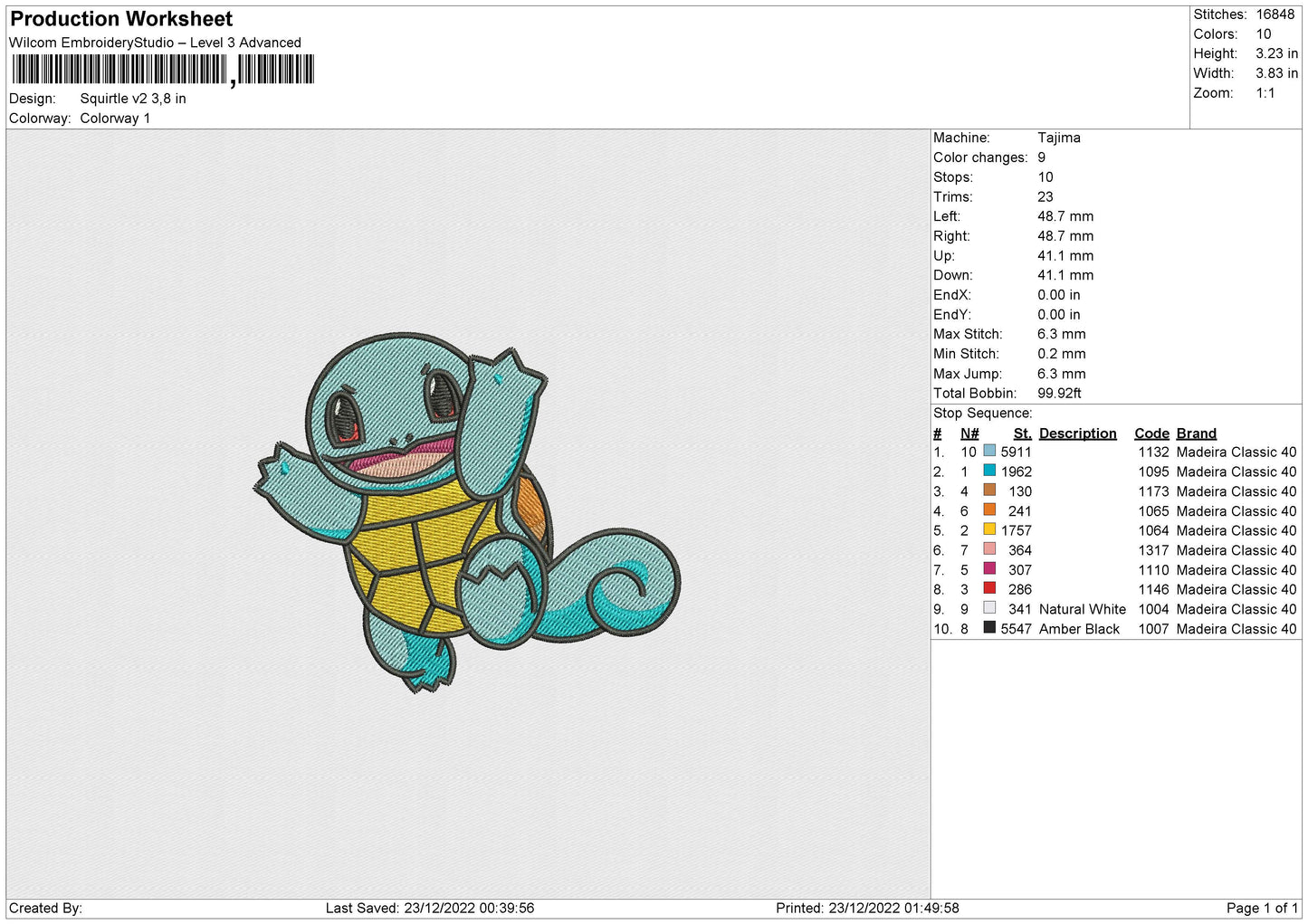 Squirtle V2 Embroidery File 6 sizes