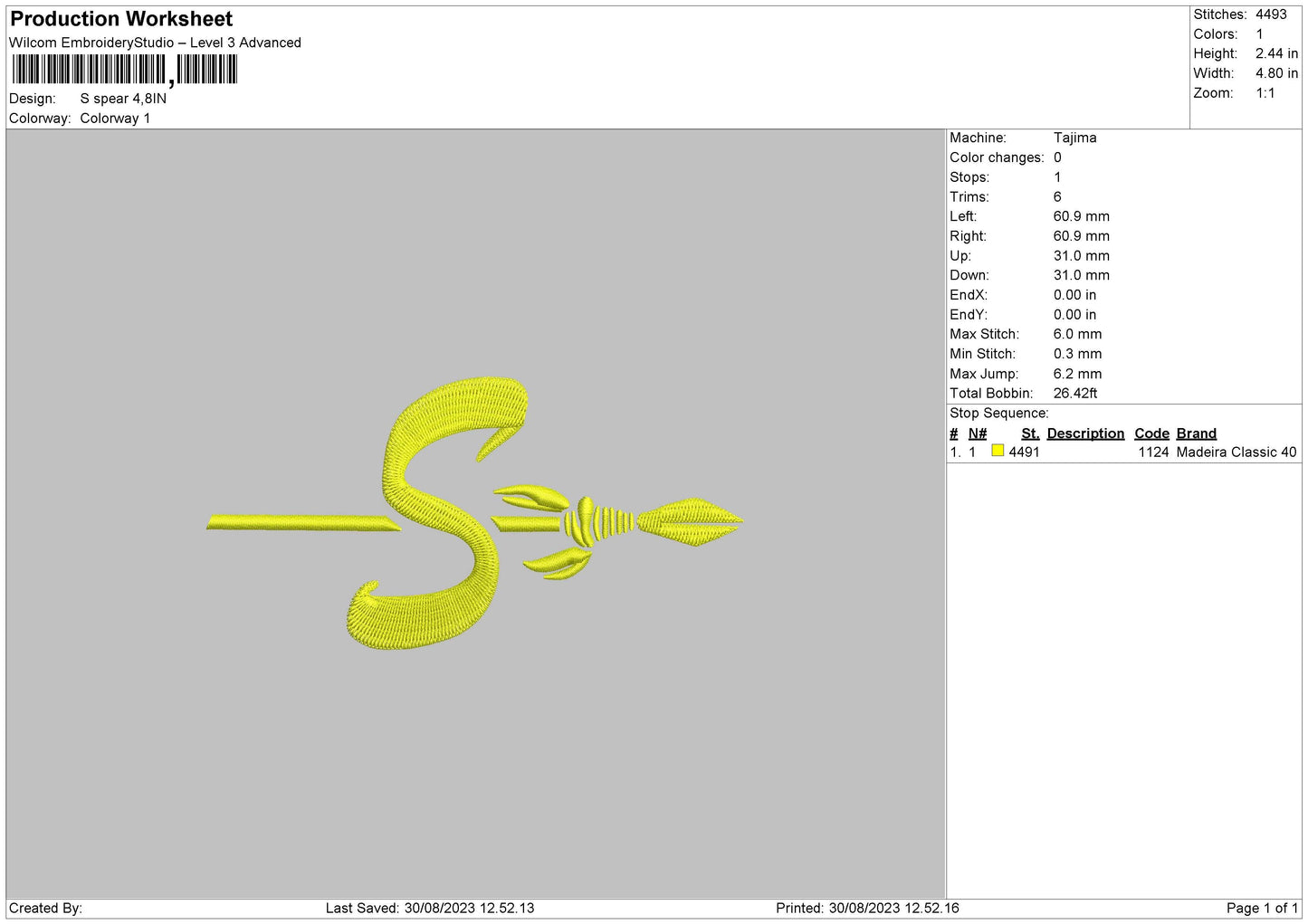 S Spear Embroidery File 6 sizes