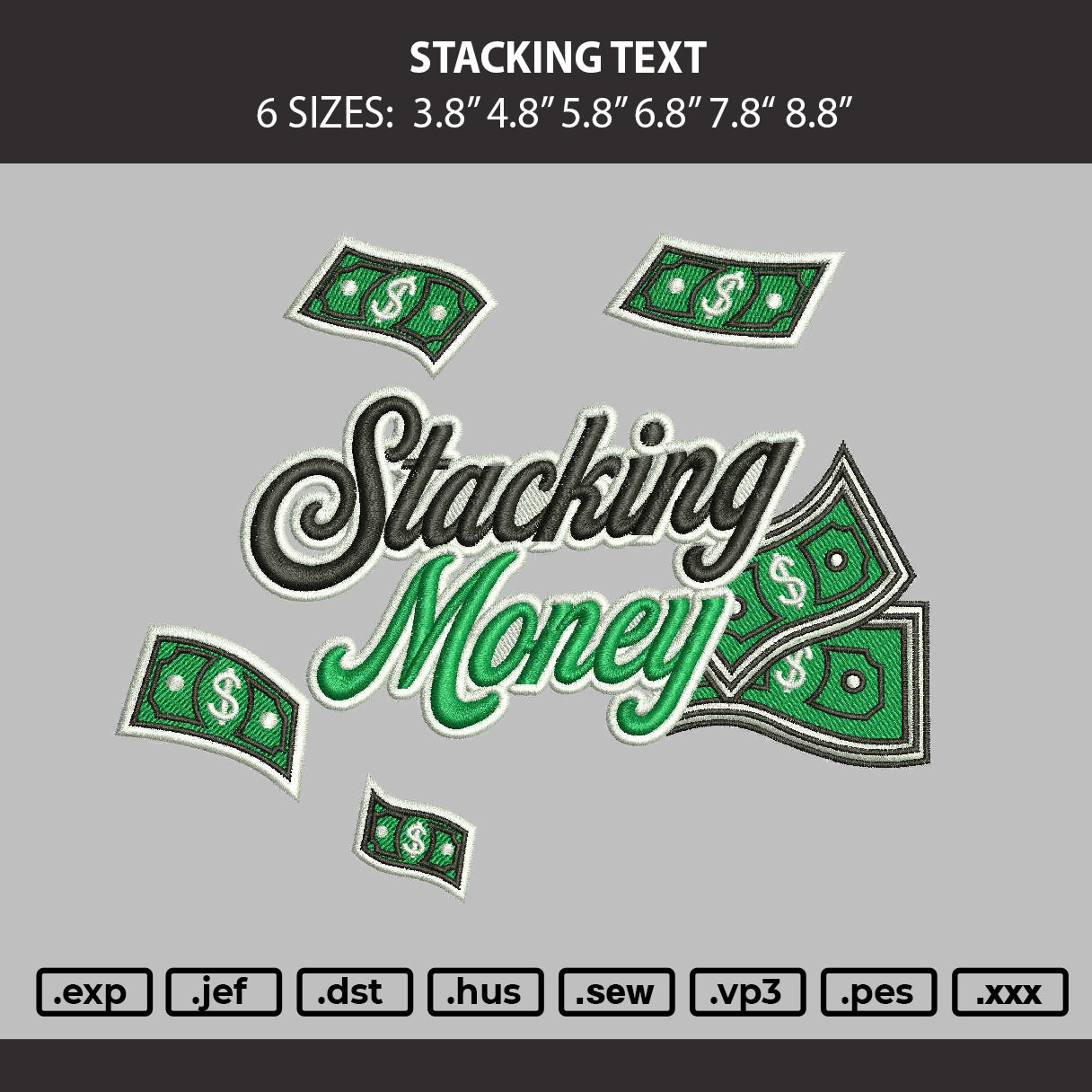 Stacking Text Embroidery Machine Design File 6 sizes