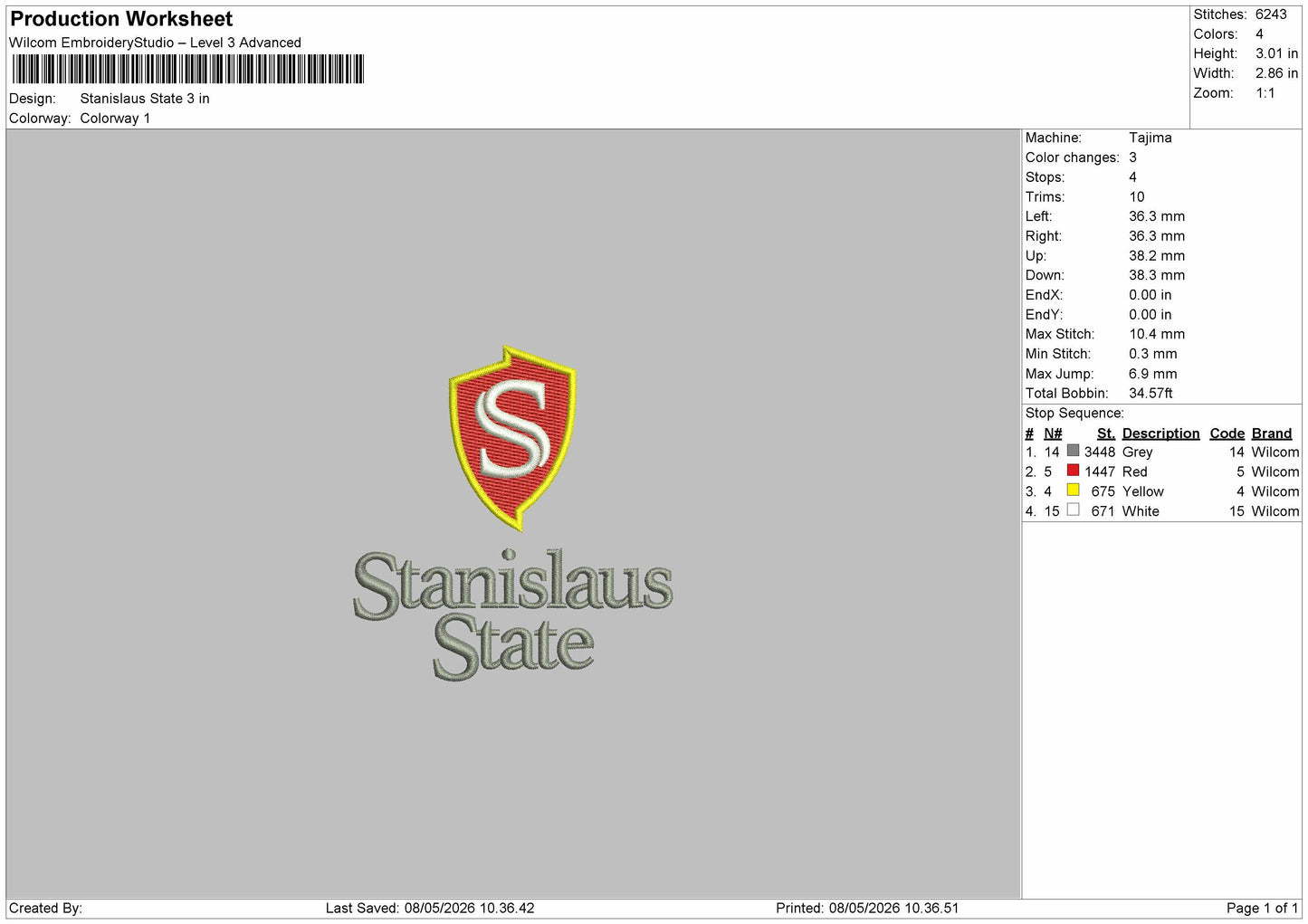 Stanislaus State  Embroidery File 6 sizes