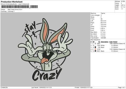 Stay Crazy Embroidery File 6 sizes