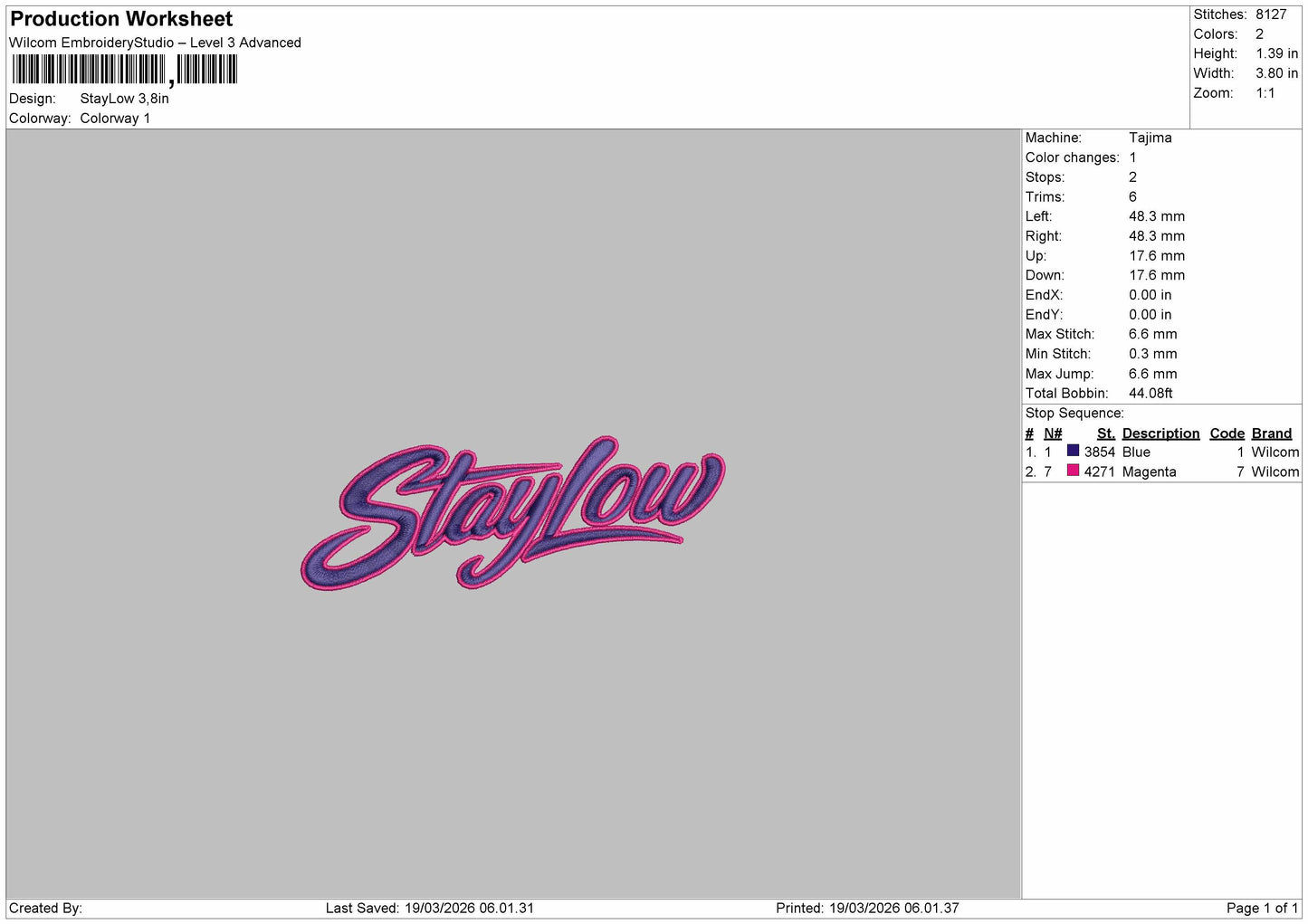 Staylow v2 Embroidery File 6 sizes