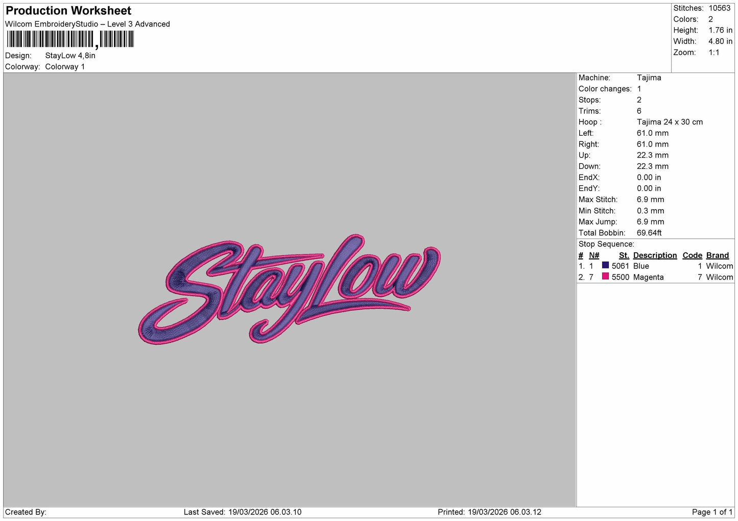 Staylow v2 Embroidery File 6 sizes