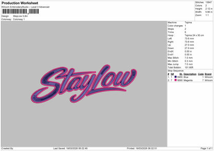 Staylow v2 Embroidery File 6 sizes