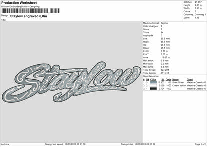 Staylow Text Embroidery Machine Design File 6 sizes