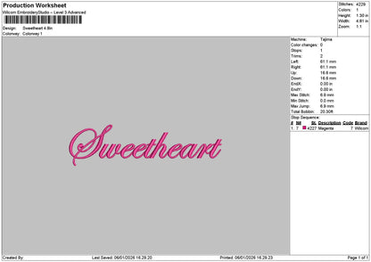 Sweetheart Text Embroidery File 6 sizes