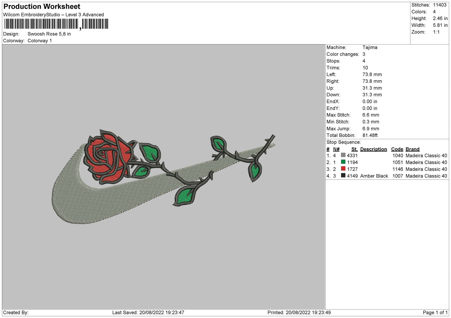 Swoosh Rose Embroidery File 5 sizes