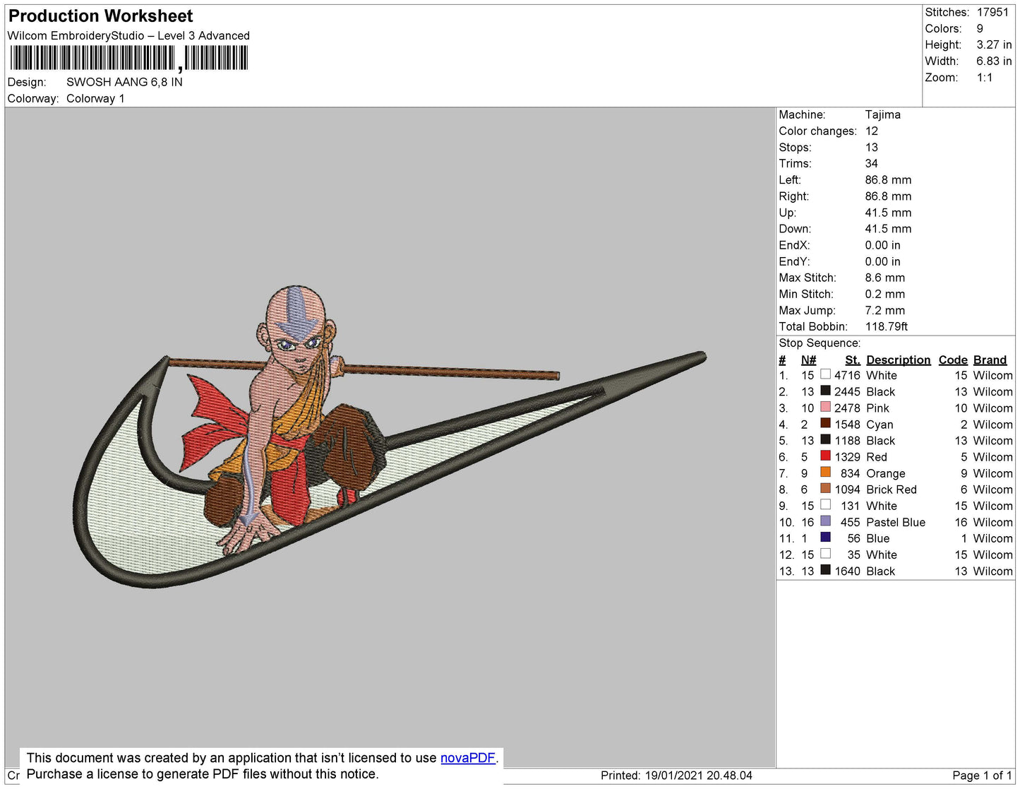 Swoosh Aang 01 Embroidery File 4 size