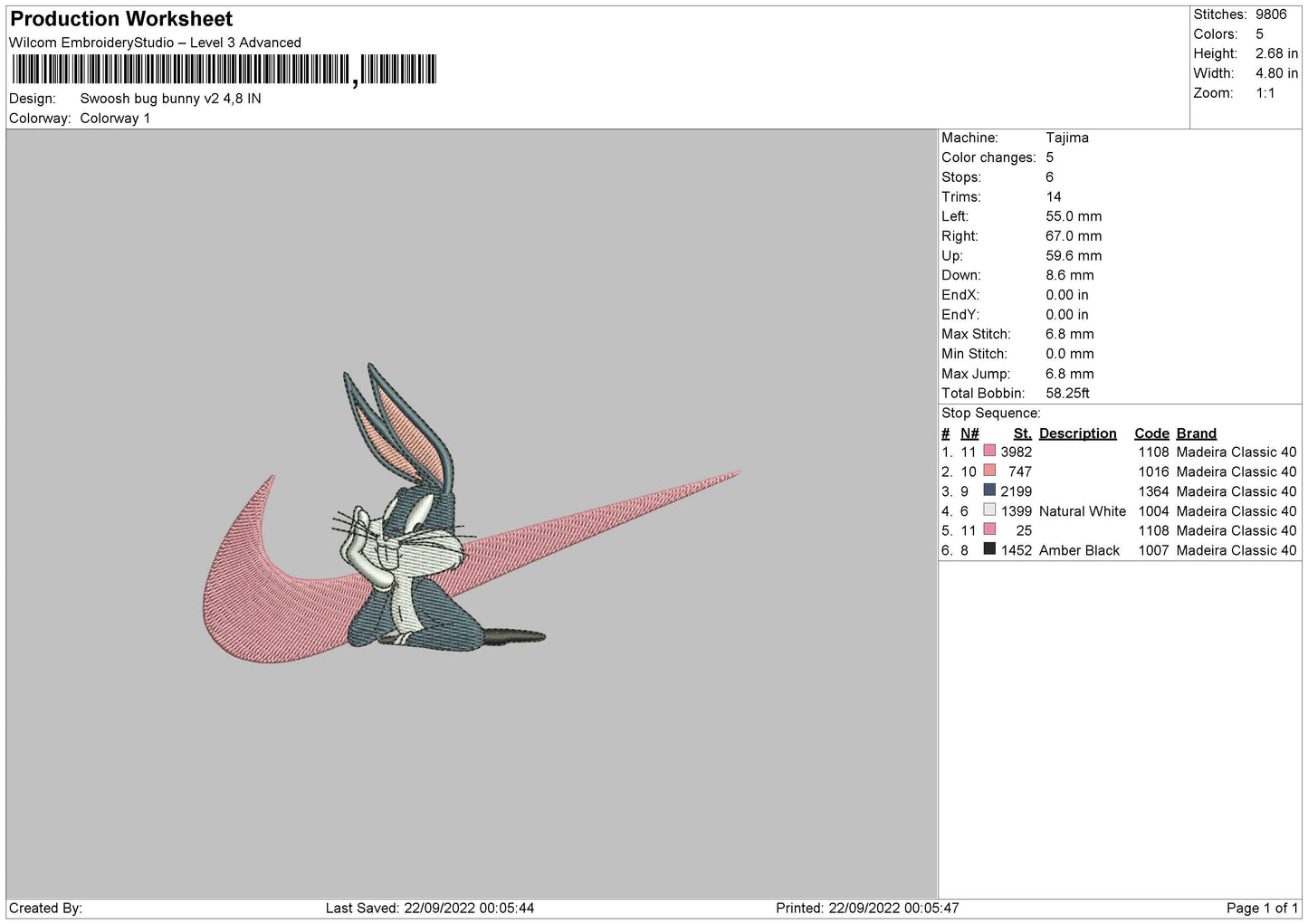 Swoossh Bug Bunny V2 Embroidery File 5 sizes