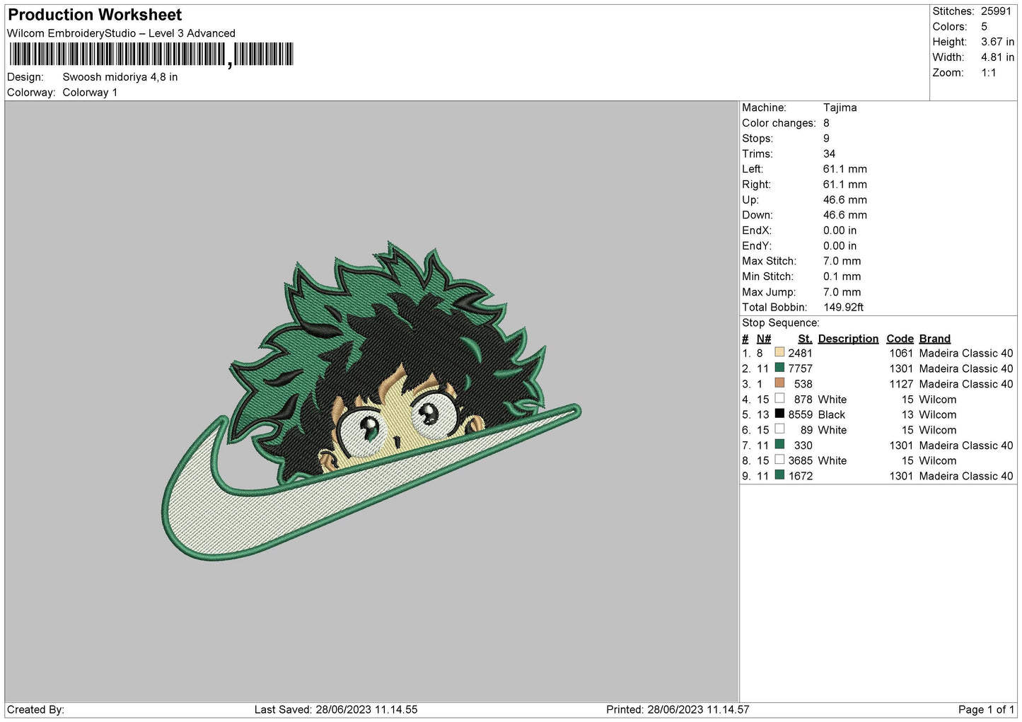 Swoosh Midori Head Embroidery Design File 6 sizes