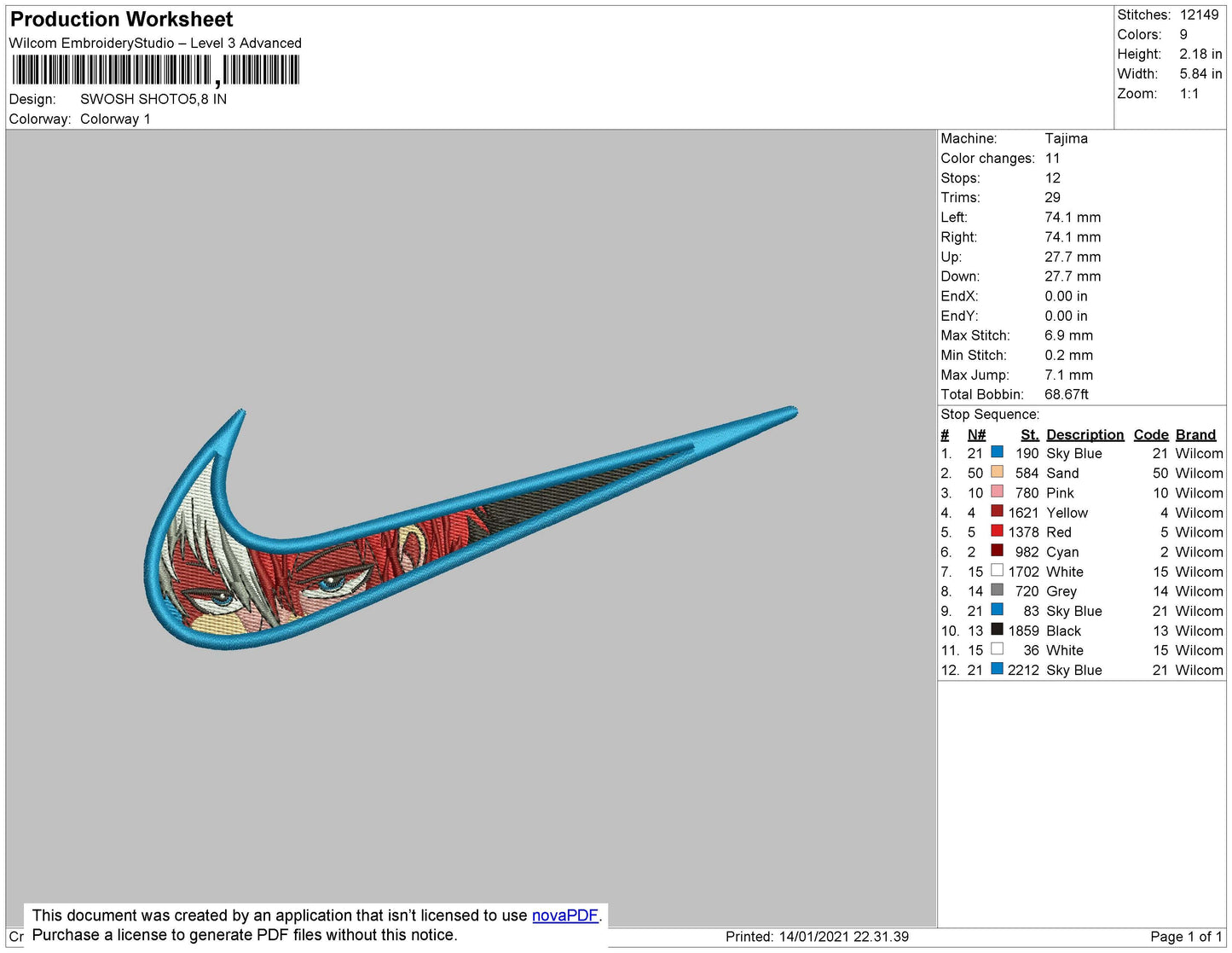 Swoosh Shoto Todoroki Embroidery File 4 size