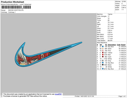 Swoosh Shoto Todoroki Embroidery File 4 size