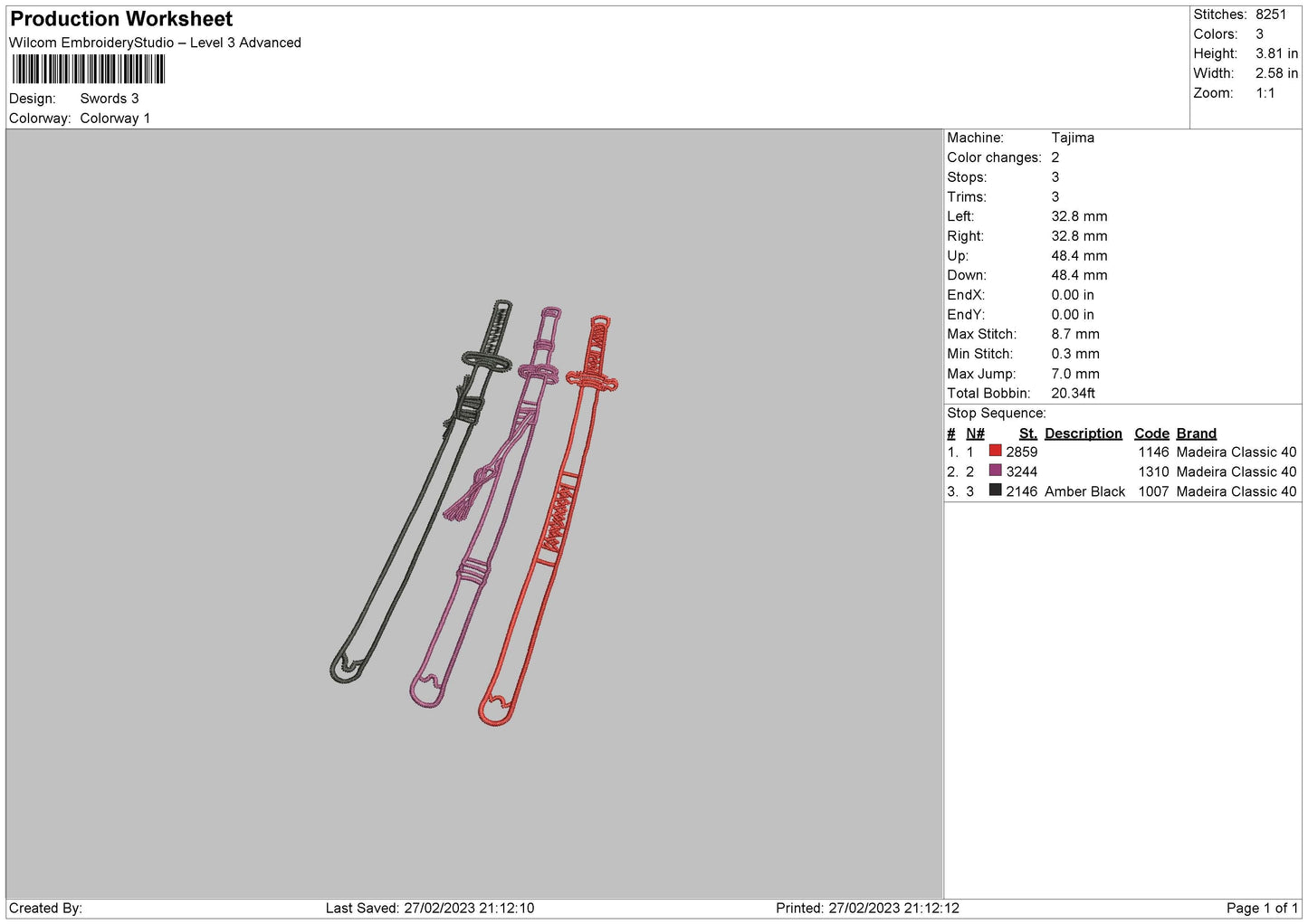 3 Swords Embroidery File 6 sizes