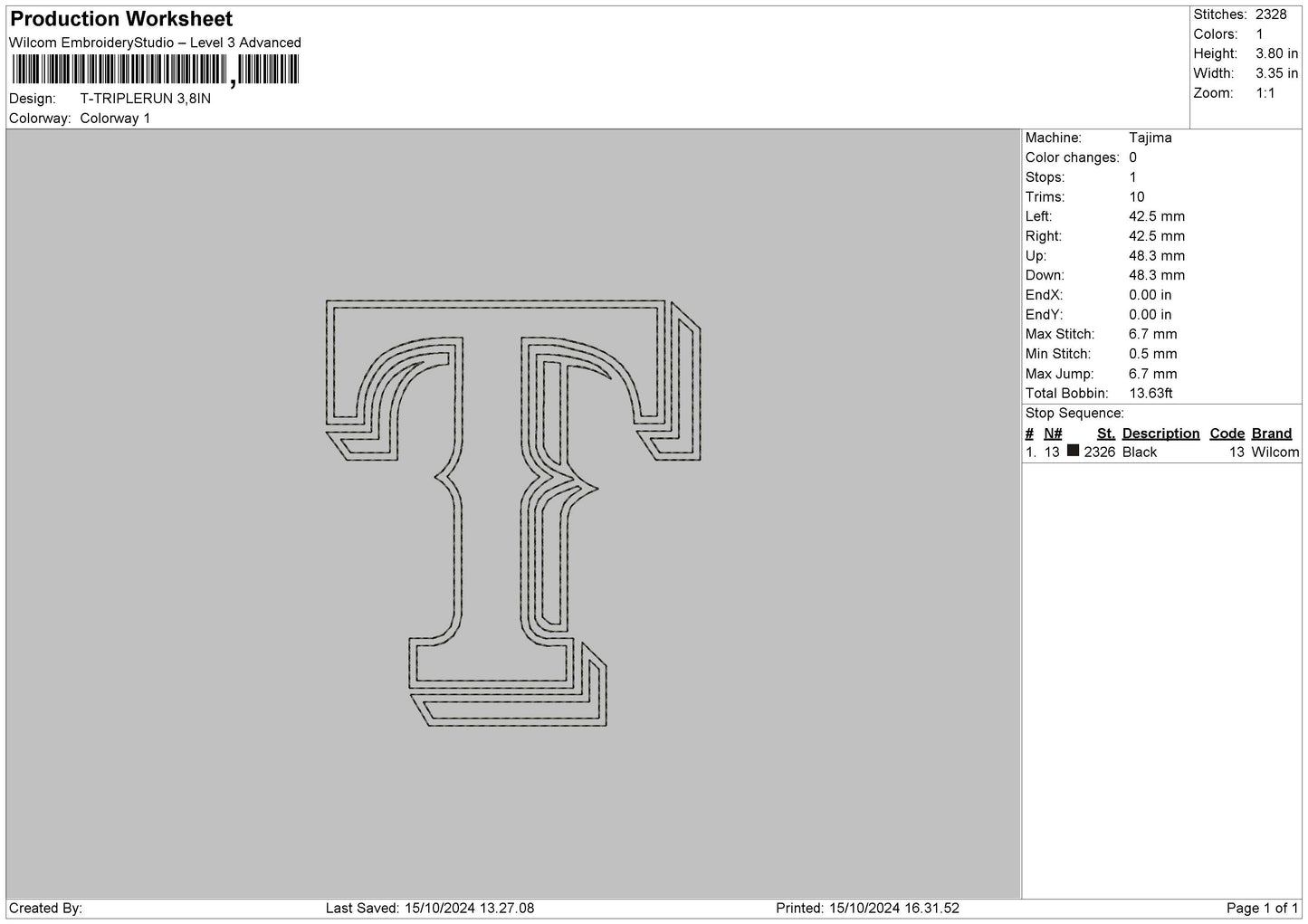 T Triplerun Embroidery File 6 sizes