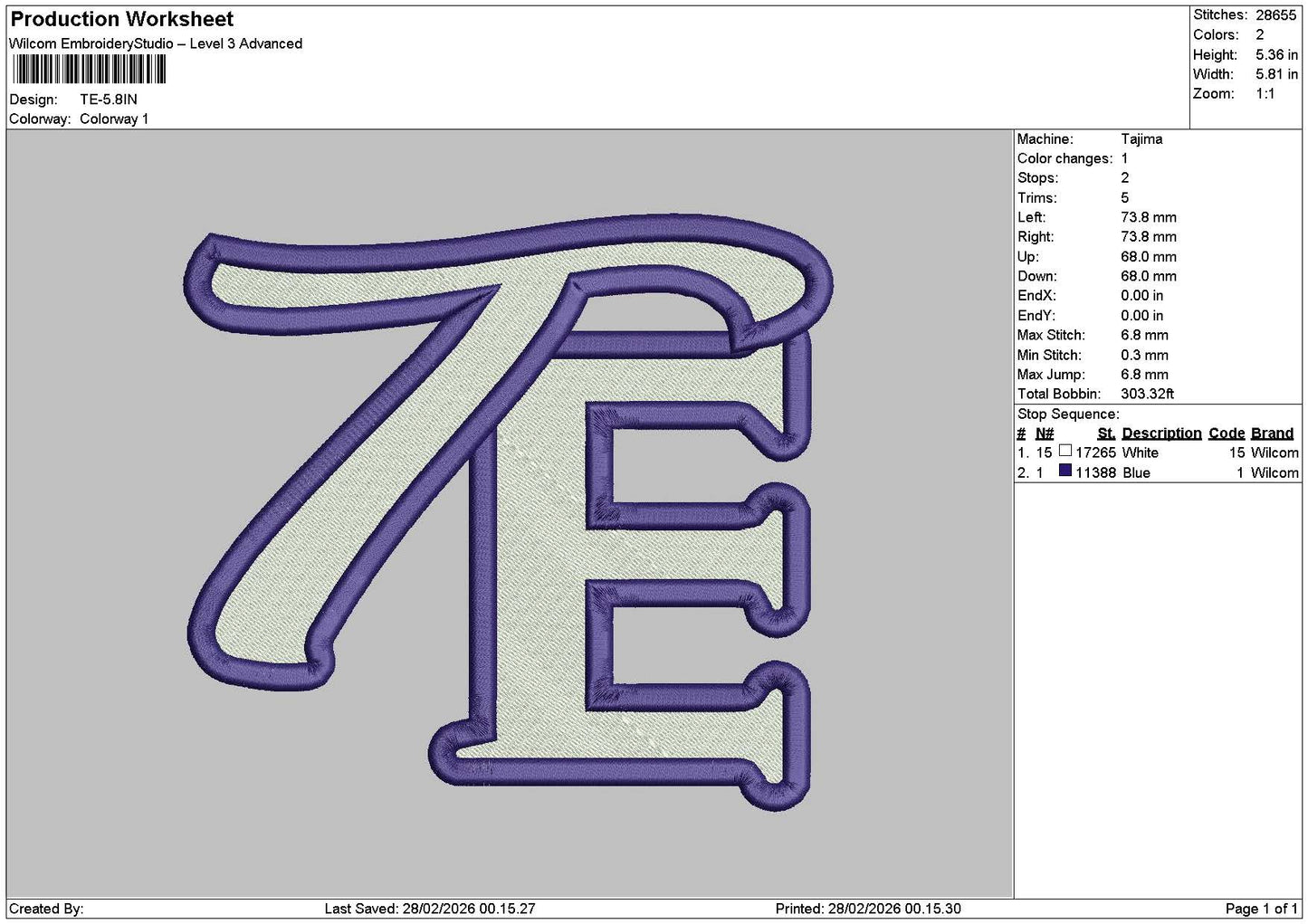 Te Text Embroidery File 6 sizes