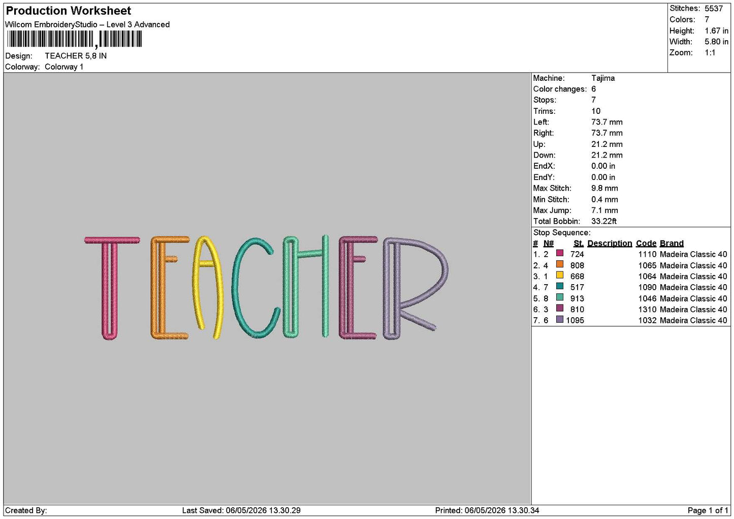 Teacher Text 0605 Embroidery File 6 sizes