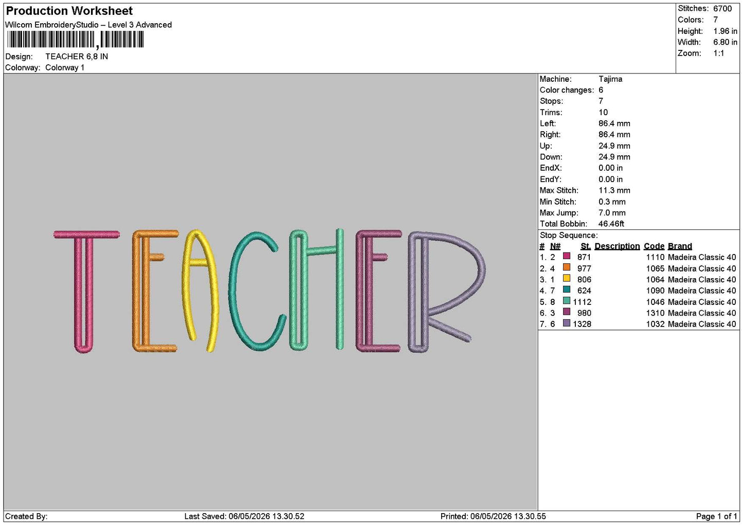 Teacher Text 0605 Embroidery File 6 sizes