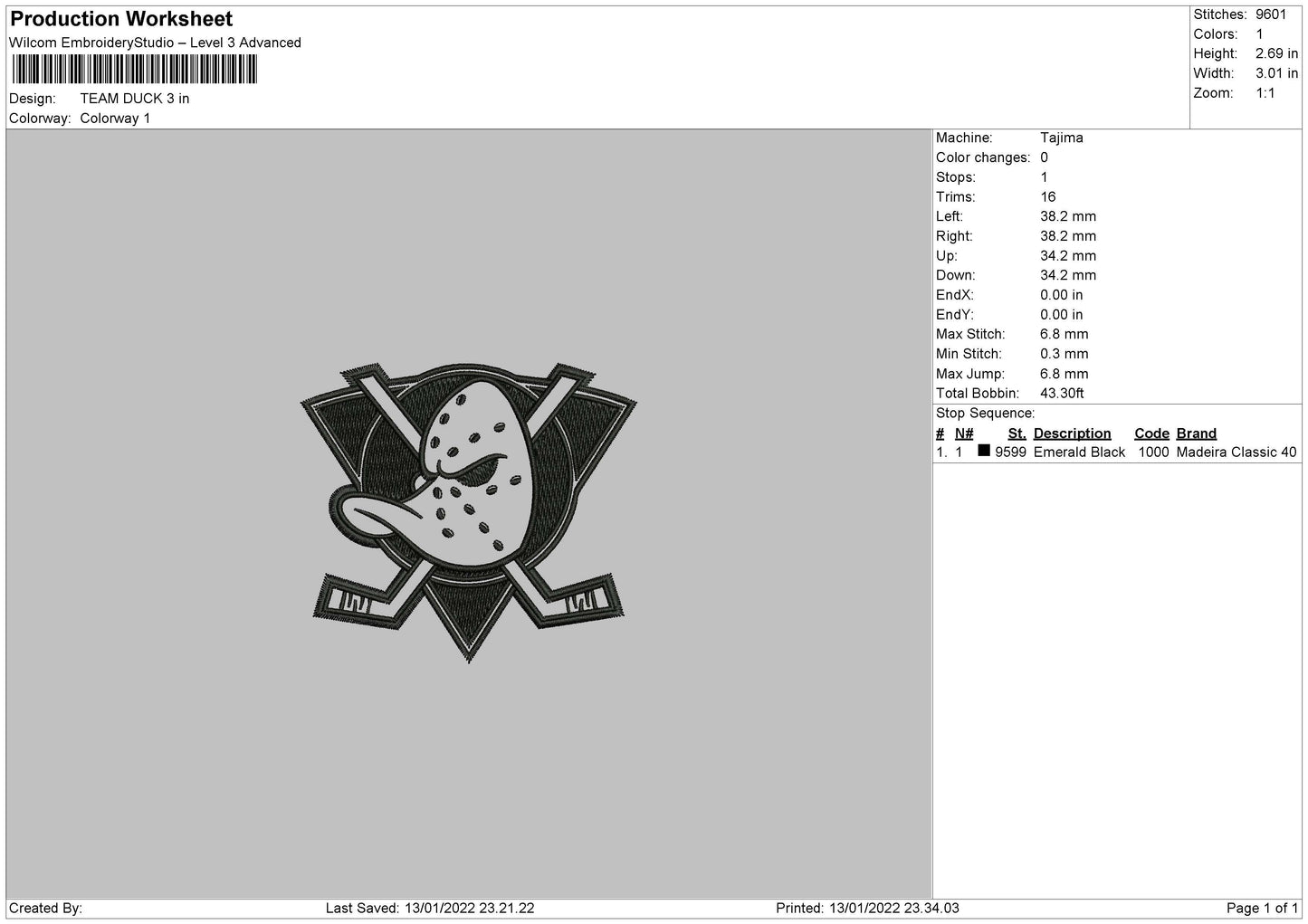Team Duck Embroidery File 5 size
